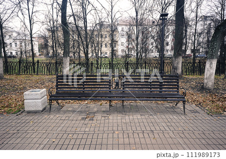 bench in the park with the coat of arms of the city of Yaroslavl bench in the park with the coat of arms of the city of Yaroslavl 111989173