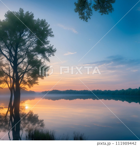 sunset over the lake 111989442