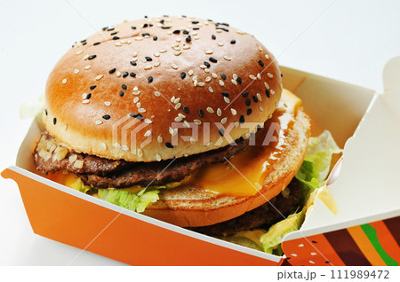 hamburger from the network of the Russian fast food chain "delicious and period" hamburger from the network of the Russian fast food chain "delicious and period" 111989472