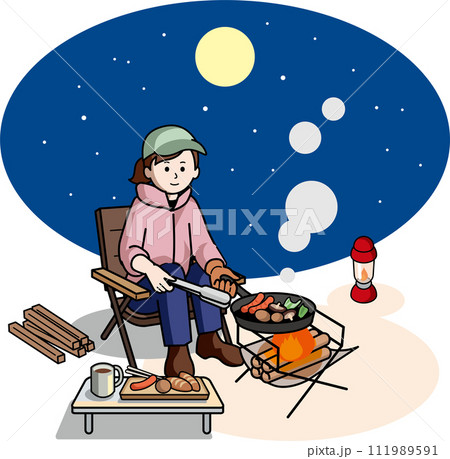 夜のキャンプで料理をする女性 夜のキャンプで料理をする女性 111989591