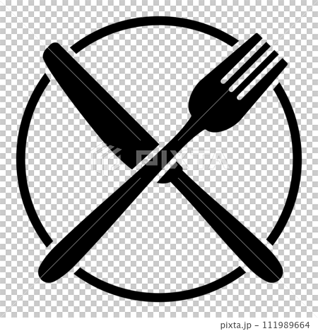 盤子上重疊的刀叉剪影圖標 盤子上重疊的刀叉剪影圖標 111989664
