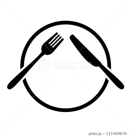 皿の上で重なったナイフとフォークのシルエットアイコン 皿の上で重なったナイフとフォークのシルエットアイコン 111989676