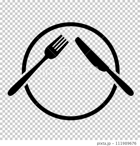 皿の上で重なったナイフとフォークのシルエットアイコン 皿の上で重なったナイフとフォークのシルエットアイコン 111989676
