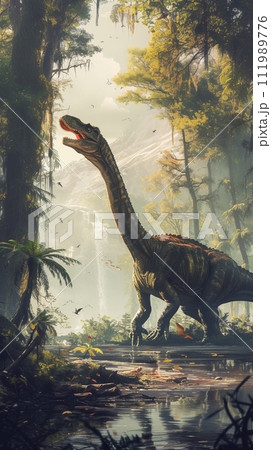 An ancient extinct animal dinosaur in an ancient forest 111989776