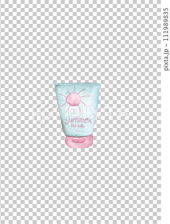 Sunscreen. An accessory for a traveler to hot countries. Watercolor cartoon Sunscreen. An accessory for a traveler to hot countries. Watercolor cartoon 111989835