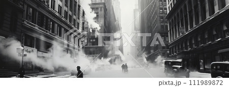 Black and white photo of a street with cars and high-rise buildings 111989872