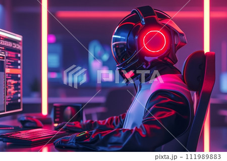 A futuristic center to help customers with virtual reality, a person in a virtual headset looks at a database 111989883