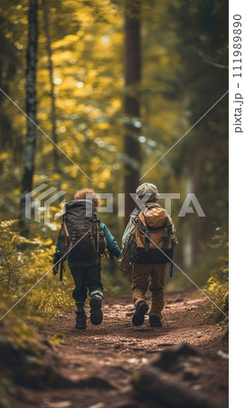 Children with backpacks walking through the forest, school camping trip in the forest Children with backpacks walking through the forest, school camping trip in the forest 111989890