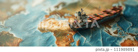 Top view of a mockup of a cargo ship standing on the map, cargo transportation concept, banner 111989891