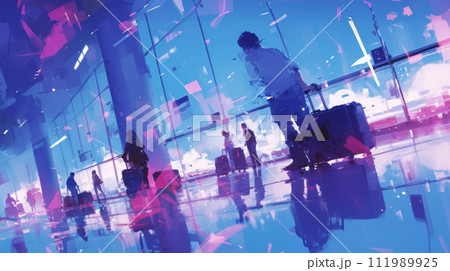 Tourists passengers with suitcases at modern airport, back view, illustration Tourists passengers with suitcases at modern airport, back view, illustration 111989925