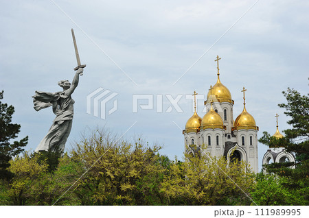 monument "motherland calls" and the church on Mamayev Kurgan in Volgograd, Russia monument "motherland calls" and the church on Mamayev Kurgan in Volgograd, Russia 111989995