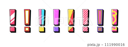 Isolated retro exclamation icon set, vector stickers. Warning sign, important information, alert, attention, caution. 3d exclamation marks with pattern. Retro design elements for ads and pop culture Isolated retro exclamation icon set, vector stickers. Warning sign, important information, alert, attention, caution. 3d exclamation marks with pattern. Retro design elements for ads and pop culture 111990016