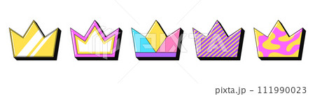 Isolated retro crown icon set, vector stickers. Royal hat, king or queen crown, premium luxury, kingdom and empire. Outline 3d crowns with pattern. Retro design elements for party and pop culture 111990023