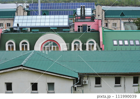 view of the roofs of buildings in Nizhny Novgorod in Russia 111990039