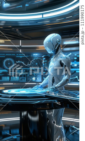 A futuristic center to help customers with virtual reality, a person in a virtual headset looks at a database A futuristic center to help customers with virtual reality, a person in a virtual headset looks at a database 111990175