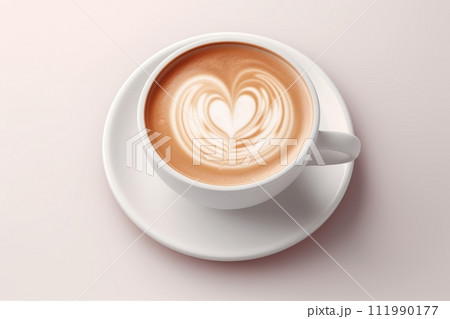 A beautifully crafted cup of cappuccino featuring latte art, placed on a saucer on a clean white table. Perfect for coffee lovers and enthusiasts of espressobased drinks A beautifully crafted cup of cappuccino featuring latte art, placed on a saucer on a clean white table. Perfect for coffee lovers and enthusiasts of espressobased drinks 111990177