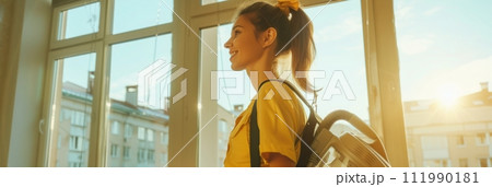 Smiling cleaning worker with steam cleaner in apartment, cleaning service concept, banner 111990181