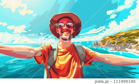 Illustration of a happy young guy taking a selfie on the background of the sea 111990190