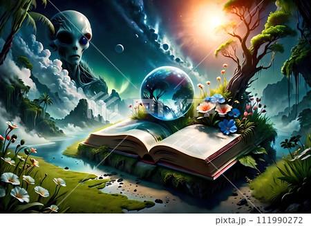 an open book on a path in a beautiful park against the backdrop of a fantastic universe. 111990272