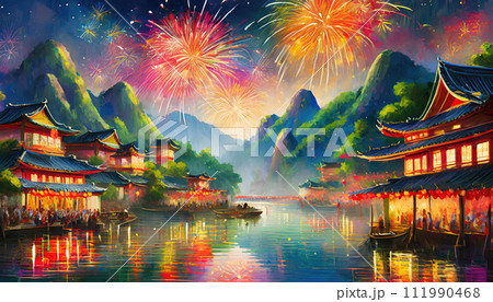 Chinese village scene with mountain hills in the background celebrating new year with fireworks and sparkles 111990468