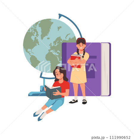 Cute pupil girls reading book near the huge globe and book, vector illustration of children education, back to school Cute pupil girls reading book near the huge globe and book, vector illustration of children education, back to school 111990652