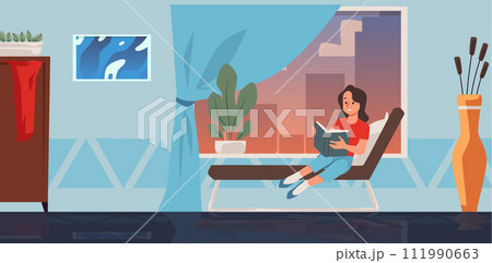 Teenage girl reading by the window - vector isolated scene. Teenage girl reading by the window - vector isolated scene. 111990663