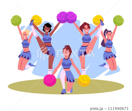 Cheerleading squad performing, vector cartoon cheerful sporty ladies in fan uniform dancing acrobatic with pompoms 111990671
