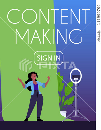 The girl is engaged in the production of content, a flyer with space for text. The girl is engaged in the production of content, a flyer with space for text. 111990700