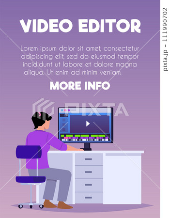 Poster or vertical banner with woman sitting at computer and making video 111990702
