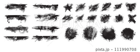 Grunge border set, black ink splatter vector stain, paint brush stroke kit, graffiti texture splash 111990708