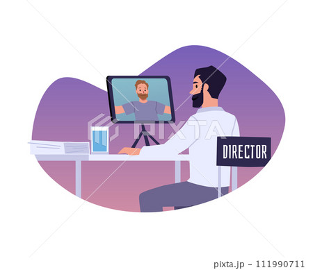 Character viewing or editing video footage, sticker on isolated background. 111990711