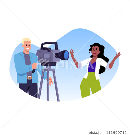 Sticker style illustration of a male cameraman with a video camera filming a woman. 111990712