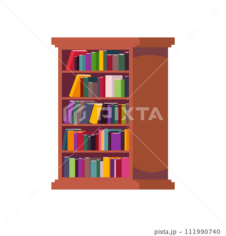 Wooden bookcase with many different colorful books. 111990740
