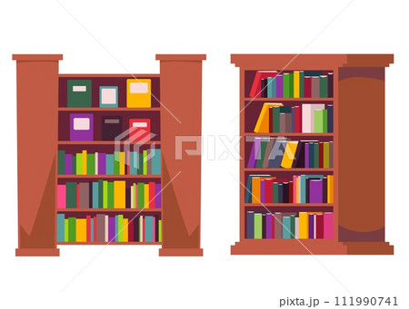 Wooden bookcases with bright books and folders in flat style 111990741