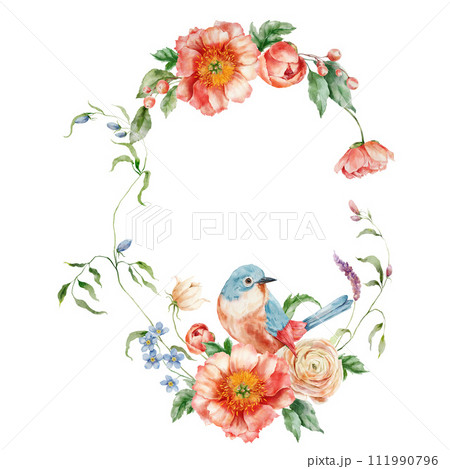 Watercolor wreath of bouquet with ranunculus, peony and song bird. Hand painted card of floral elements isolated on white background. Holiday flowers Illustration for design, print or background. 111990796