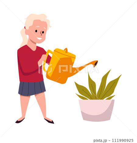 Cute girl watering plant in pot from a watering can, cartoon vector happy little kid doing housework, cleaning duty Cute girl watering plant in pot from a watering can, cartoon vector happy little kid doing housework, cleaning duty 111990925
