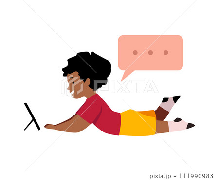 Flat vector illustration depicting a girl lying and talking on the phone. 111990983