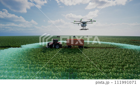 Autonomous agriculture drone flying to analyze the agricultural plot, Agriculture innovation with smart farming concept, 3d render 111991071