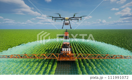 Autonomous agriculture vehicle and drone are working in agricultural plot, Agriculture technology with smart farming concept, 3d render 111991072