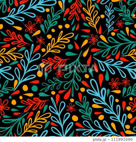 Seamless pattern of colorful twigs and flowers on a black background. hand drawing. Not AI, Vector illustration 111991090
