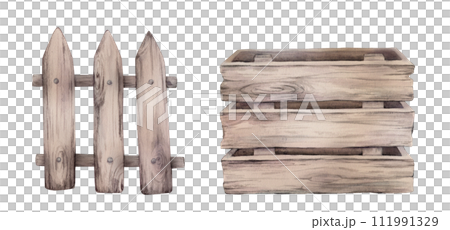 Cute illustration box made of aged beige wooden boards with a wood texture and fence made. Hand drawn watercolor easter illustration, isolated object on white background. For design and decoration. Cute illustration box made of aged beige wooden boards with a wood texture and fence made. Hand drawn watercolor easter illustration, isolated object on white background. For design and decoration. 111991329