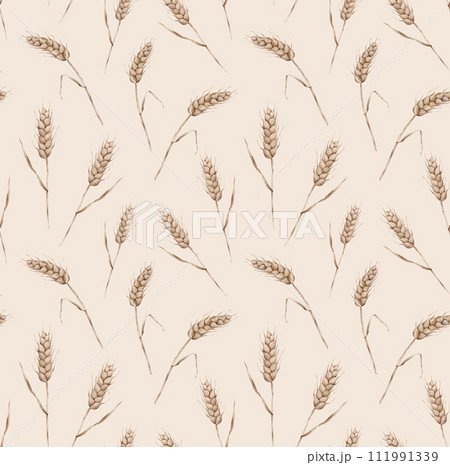 Seamless wheat spikelet pattern. Watercolor herbal background with wheat spica, oats spikelet illustration for textile, wallpapers, bakery decor. Wheat spikelet watercolor seamless pattern Seamless wheat spikelet pattern. Watercolor herbal background with wheat spica, oats spikelet illustration for textile, wallpapers, bakery decor. Wheat spikelet watercolor seamless pattern 111991339