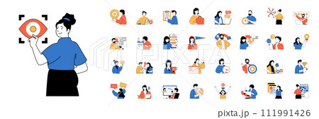 Teamwork concept with character situations mega set in flat web design. Bundle of scenes people brainstorming with colleagues, work and collaboration, makes project to deadline. Vector illustrations. 111991426