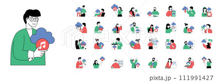 Cloud computing concept with character situations mega set in flat web design. Bundle of scenes people using cloud technology, upload files and make data backup with protection. Vector illustrations. 111991427