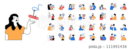 Phishing concept with character situations mega set in flat web design. Bundle of scenes people getting spam emails, personal data phishing and hacking accounts, searching bugs. Vector illustrations. Phishing concept with character situations mega set in flat web design. Bundle of scenes people getting spam emails, personal data phishing and hacking accounts, searching bugs. Vector illustrations. 111991436