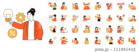 Business and finance concept with character situations mega set in flat web design. Bundle of scenes people creating project, planning tasks, making financial audit, marketing. Vector illustrations. 111991438