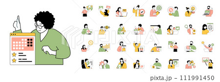Digital business concept with character situations mega set in flat web design. Bundle of scenes people develop global e-commerce company, creating ad content, chat with clients. Vector illustrations. Digital business concept with character situations mega set in flat web design. Bundle of scenes people develop global e-commerce company, creating ad content, chat with clients. Vector illustrations. 111991450