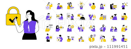 Cyber security concept with character situations mega set in flat web design. Bundle of scenes people protecting data, using firewall shield, fingerprint identity, secure access. Vector illustrations. 111991451