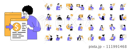 Business and finance concept with character situations mega set in flat web design. Bundle of scenes people developing company and startups, investing money, making accounting. Vector illustrations. Business and finance concept with character situations mega set in flat web design. Bundle of scenes people developing company and startups, investing money, making accounting. Vector illustrations. 111991468