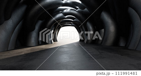 Dark tunnel with numerous black pipes 3d render illustration 111991481